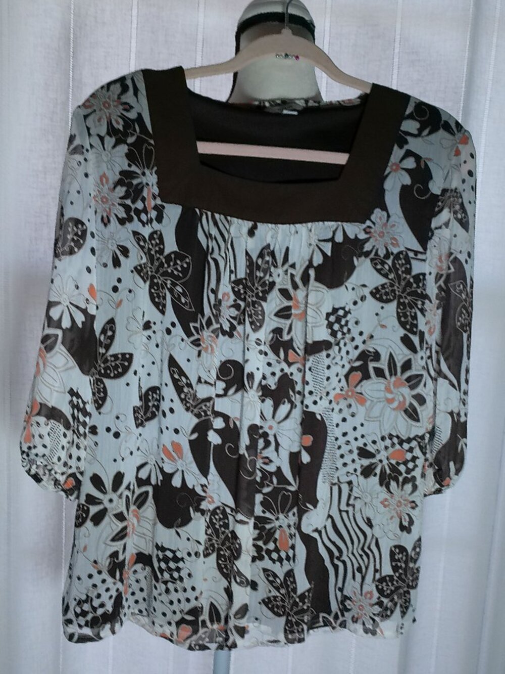 VOIR NWOT Elbow Sleeve Square Neck Brown w/Cream & Peach Floral Lined Blouse XL